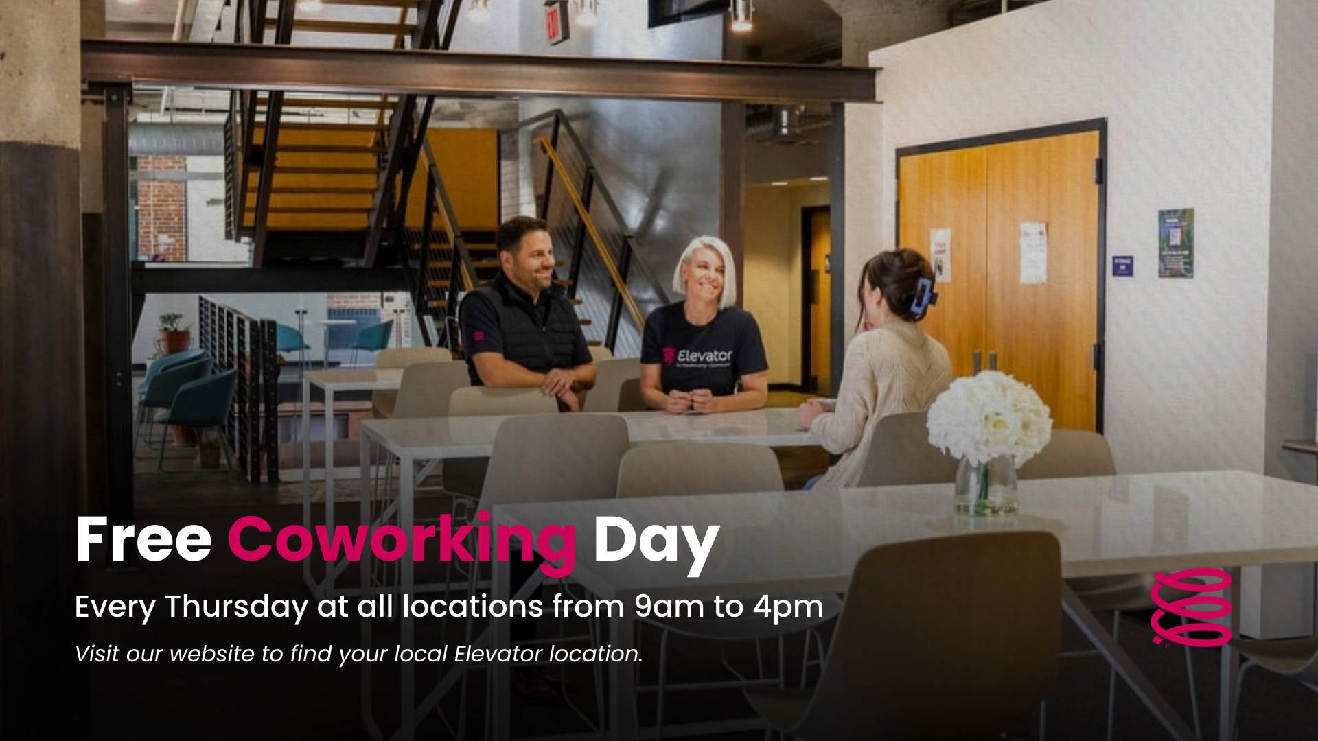 Free Coworking Day at Elevator featuring entrepreneurs meeting in modern coworking space with text overlay announcing weekly Thursday sessions from 9am to 4pm at all locations