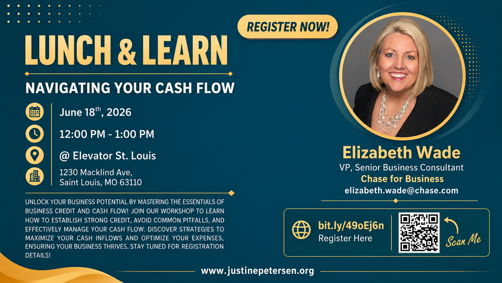 Lunch and Learn flyer for "Navigating Your Cash Flow" on June 18, 2026 from 12 to 1 PM at Elevator St. Louis, featuring speaker Elizabeth Wade, VP and Senior Business Consultant at Chase for Business, with registration details.