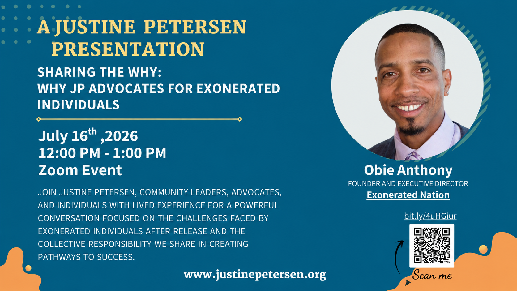 Elevator St. Louis shares a Justine Petersen event flyer featuring Obie Anthony of Exonerated Nation, July 16, 2026.