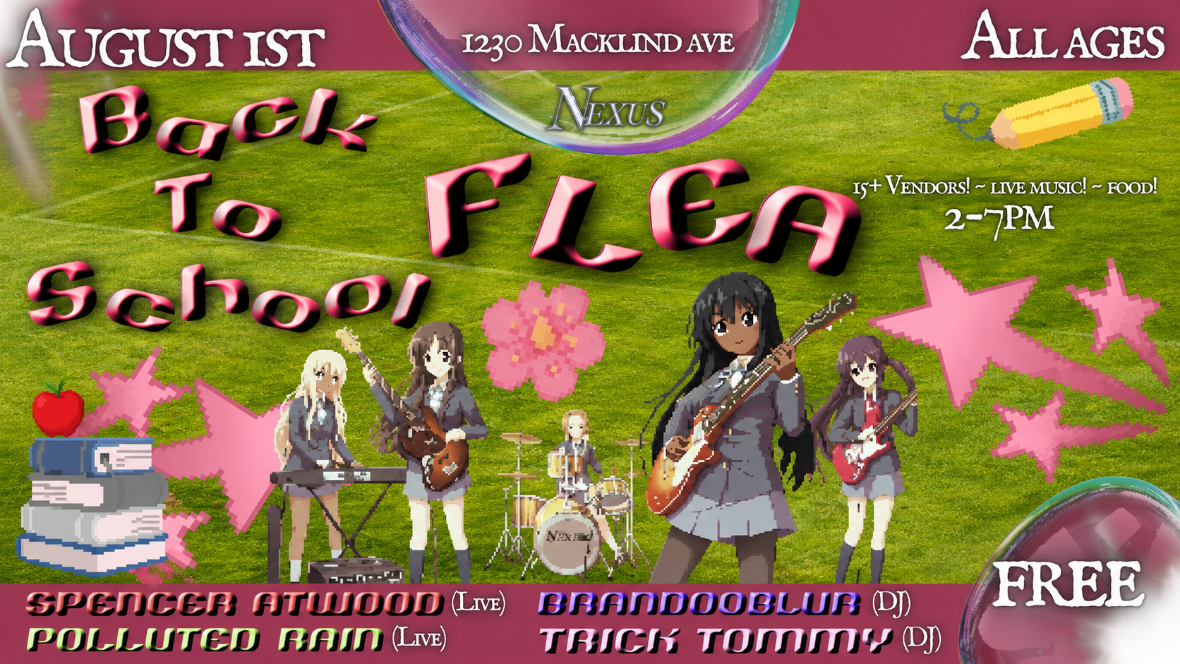 Elevator St. Louis Back to School Flea event flyer with illustrated band members performing on a grass field, event details for August 1st from 2 to 7 PM at 1230 Macklind Ave.