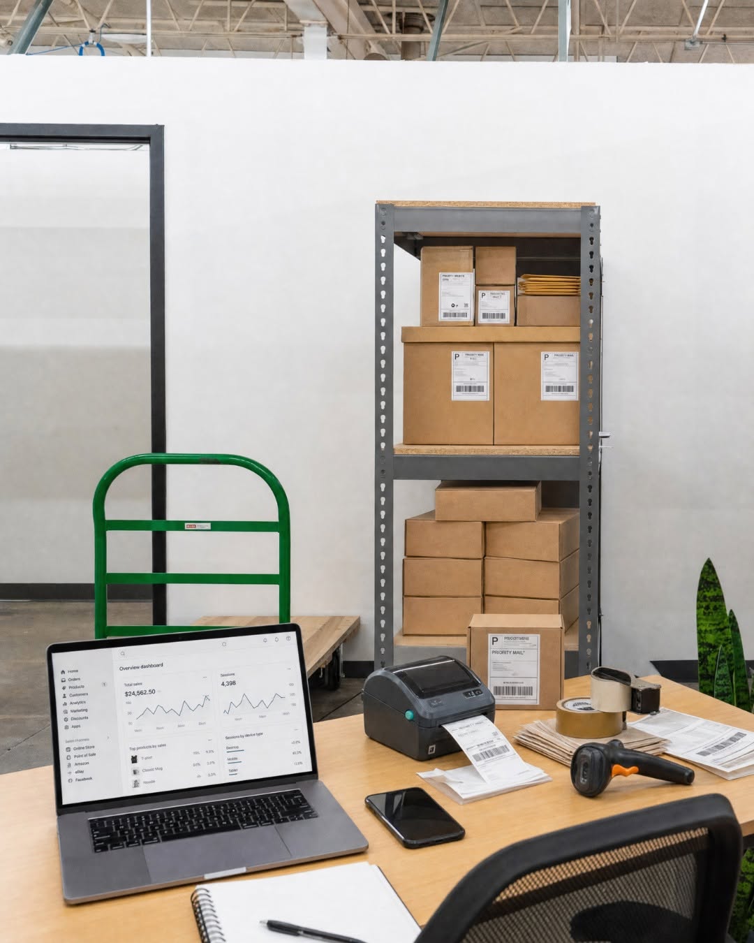 Packing station with a laptop showing an e-commerce sales dashboard, a label printer, and a shelving unit stocked with shipped Priority Mail boxes