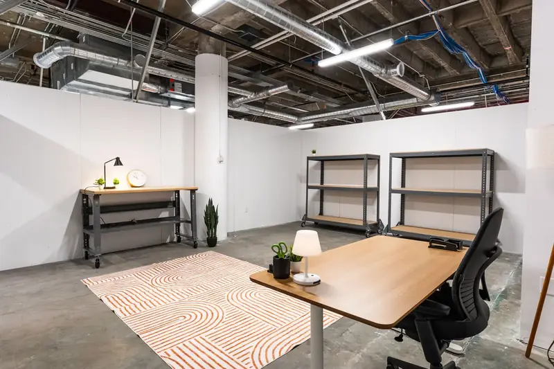 Warehouse unit set up as a workspace at Elevator Des Moines