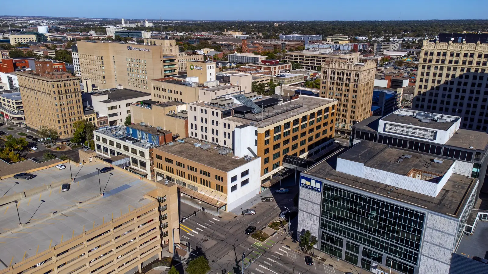 Aerial view of downtown Lincoln, home of Elevator Lincoln