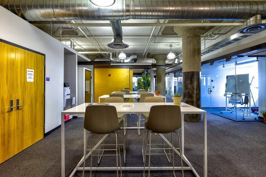 Coworking worktables at Elevator Omaha, shared tables ready for laptops and layouts