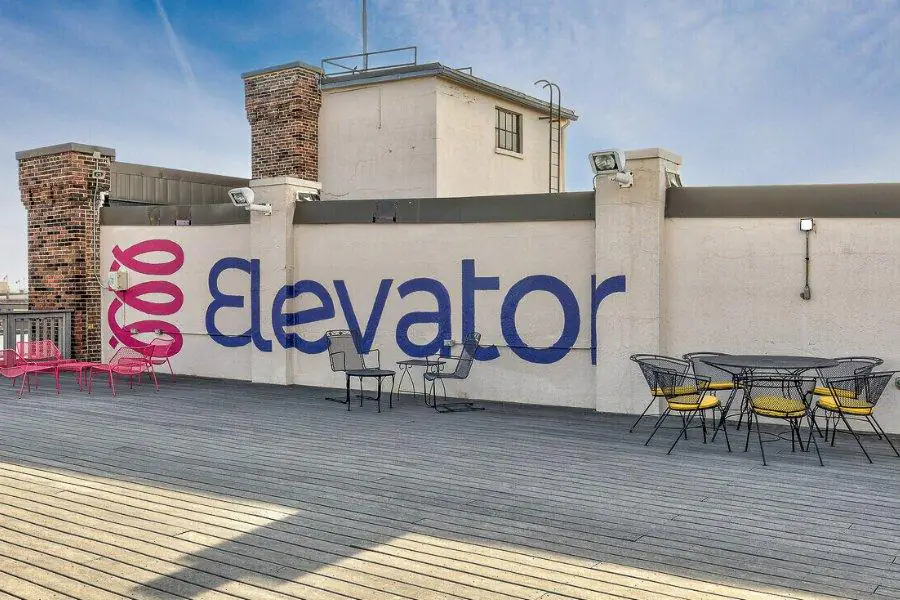 Rooftop patio with Elevator mural